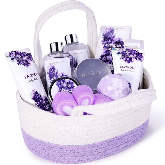 Bath Gift Set for Women - 11 Pcs Lavender Body Spa Basket Kits, Holiday Birthday Valentine's Day Gifts for Her