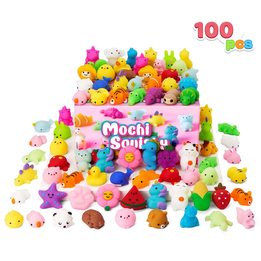 Joyfy 100 Pcs Mini Animals & Fruit Mochi Squishies for Kids Party Favor Toys