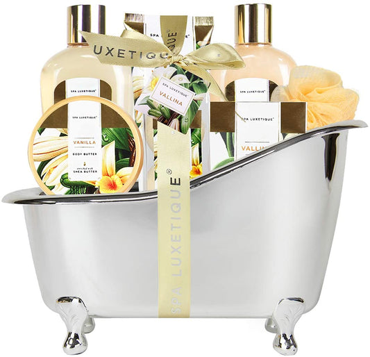 Spa Luxetique Spa Gift Baskets for Women, 9 Pcs Vanilla Scent Bath and Body Sets, Beauty Birthday Holiday Valentines Day Gifts for Her