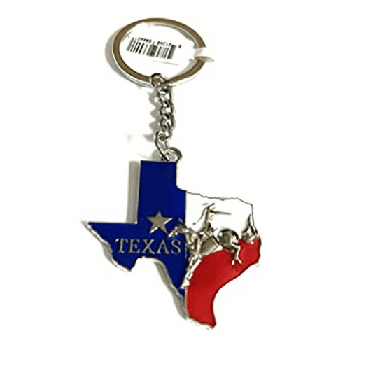 Texas Rodeo on Texas State Map Shaped Metal Keychain- Texas Souvenir